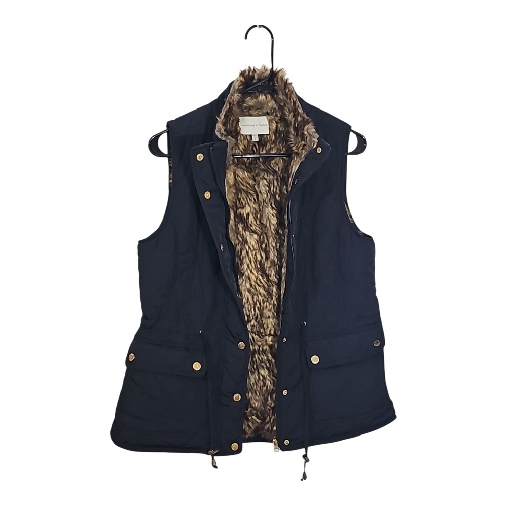 Vintage Adrienne Vittadini Navy Blue Quilted Puffed Fur Lined Vest Size Medium